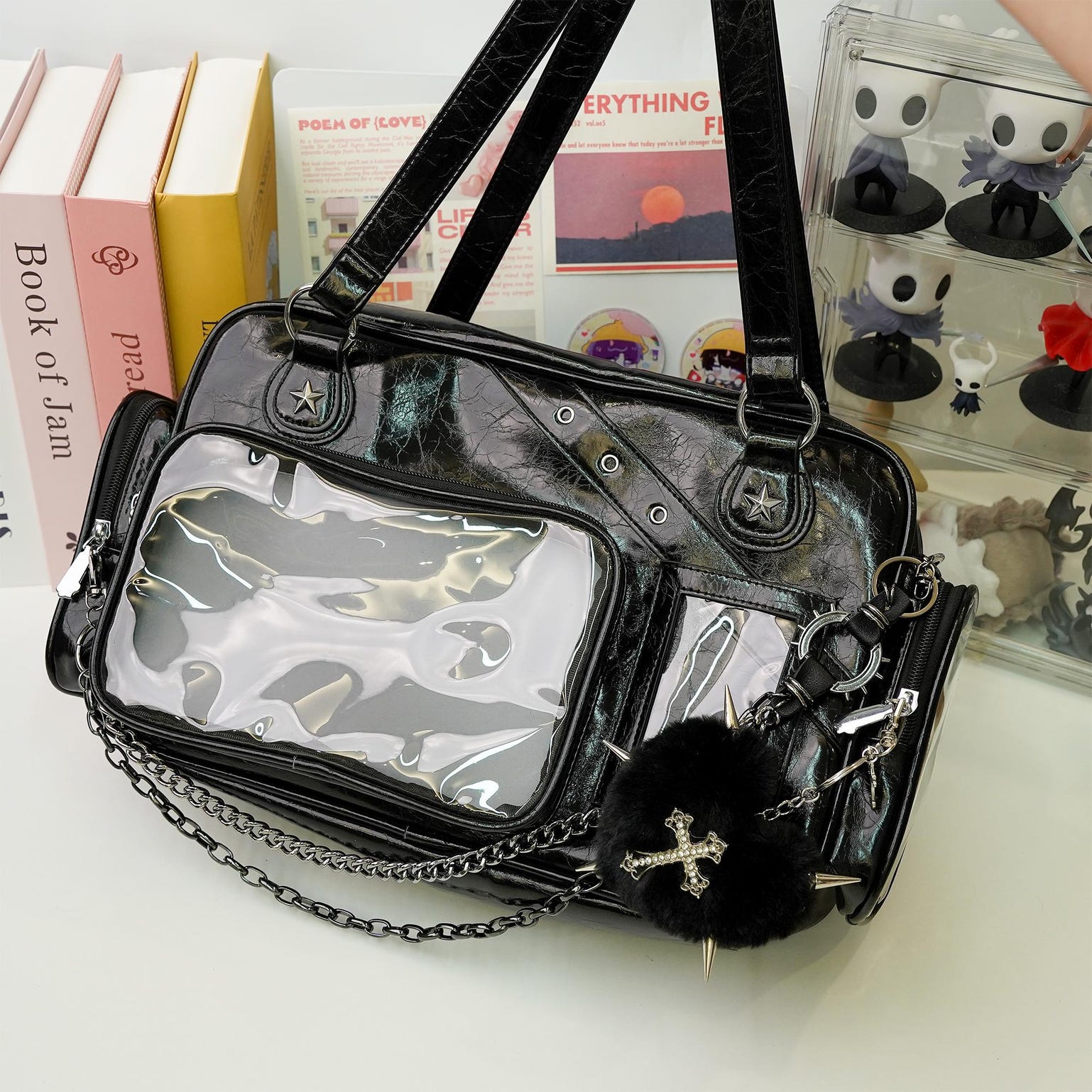 Black Y2K Gothic Ita Messenger Bag with Clear Window for Plushies and Pins Black Y2K Gothic Ita Messenger Bag with Clear Window for Plushies and Pins — ita bag detail view