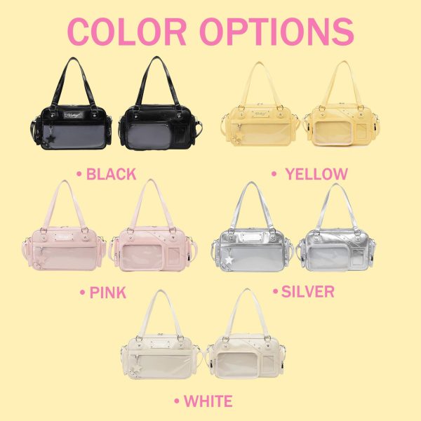 Black Y2K Gothic Ita Messenger Bag with Clear Window for Plushies and Pins — ita bag detail view