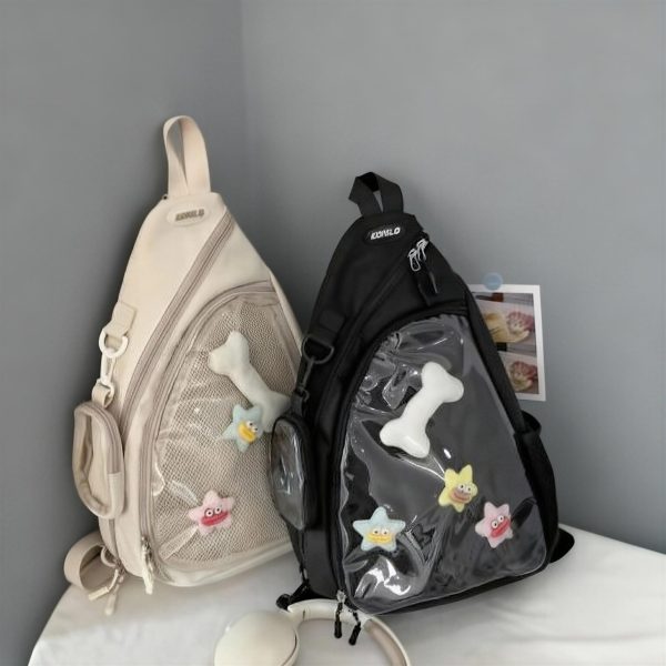 Black Y2K Ita Crossbody Bag for Plushies and Pins — crossbody ita bag detail view
