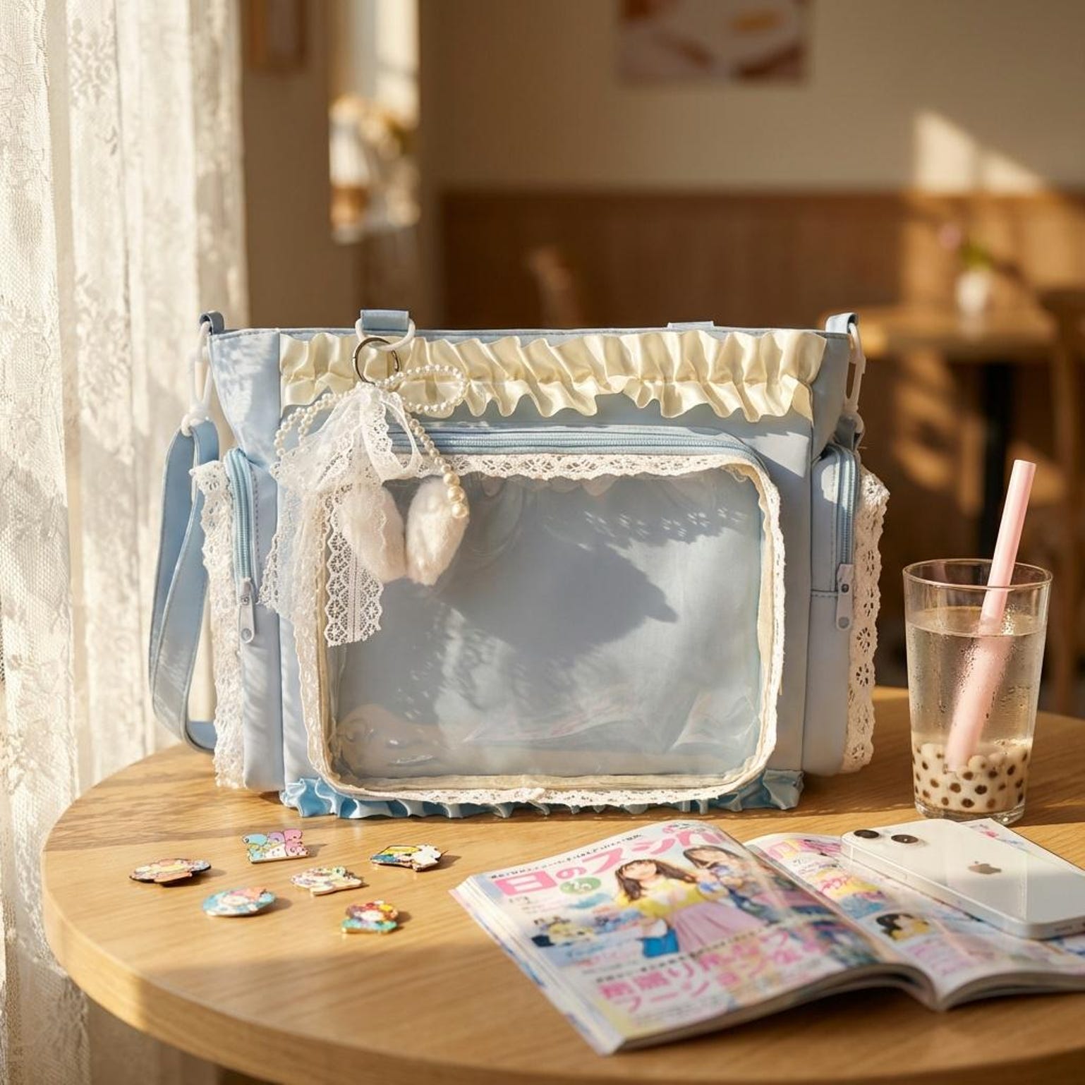 Blue Convertible Ita Bag with Clear Window for Pin Display Blue Convertible Ita Bag with Clear Window for Pin Display — ita bag detail view