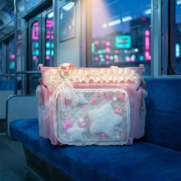 Blue Convertible Ita Bag with Clear Window for Pin Display — ita bag detail view