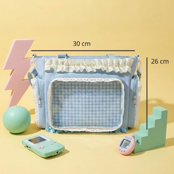 Blue Convertible Ita Bag with Clear Window for Pin Display — ita bag detail view