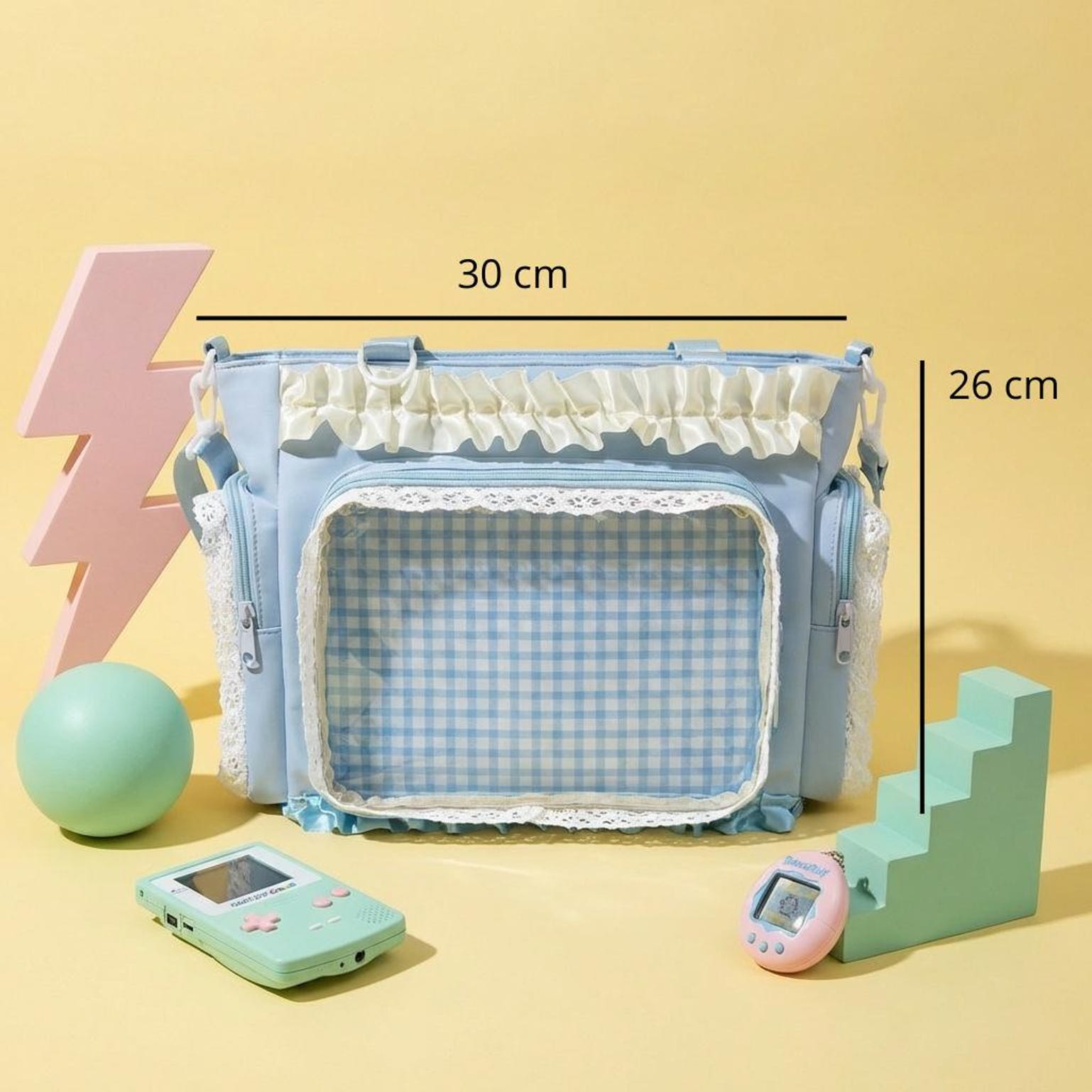 Blue Convertible Ita Bag with Clear Window for Pin Display Blue Convertible Ita Bag with Clear Window for Pin Display — ita bag detail view