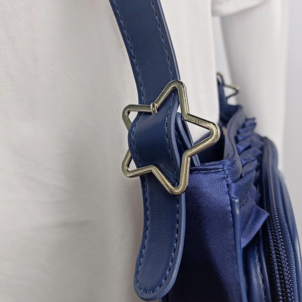 Blue Ita Crossbody Bag with Clear Window and Included Insert for Pin Display — crossbody ita bag detail view