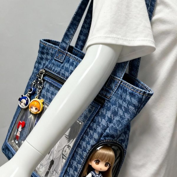 Blue Ita Shoulder Bag with Clear Window and Included Insert for Plushies and Pins — crossbody ita bag detail view