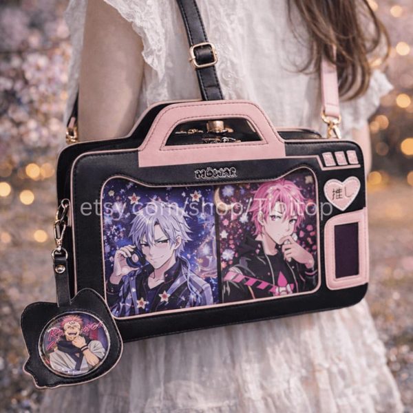 Blue Kawaii Cat Convertible Ita Bag with Clear Window for Pin Display — ita bag detail view