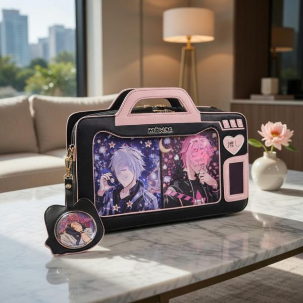 Blue Kawaii Cat Convertible Ita Bag with Clear Window for Pin Display — ita bag with clear display window