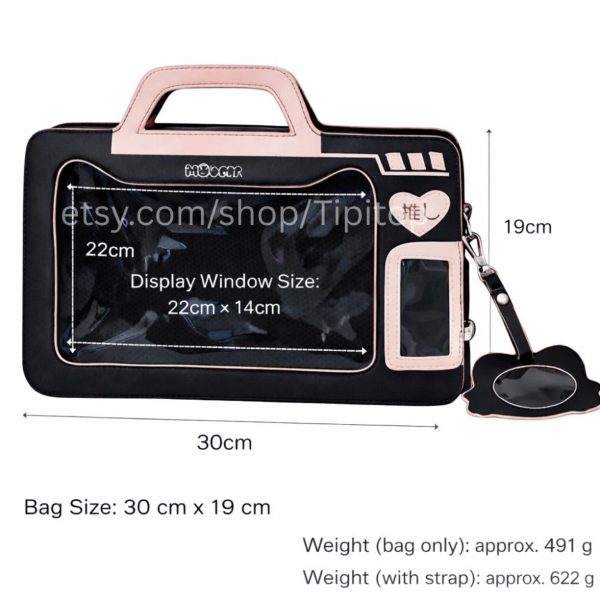 Blue Kawaii Cat Convertible Ita Bag with Clear Window for Pin Display — ita bag detail view
