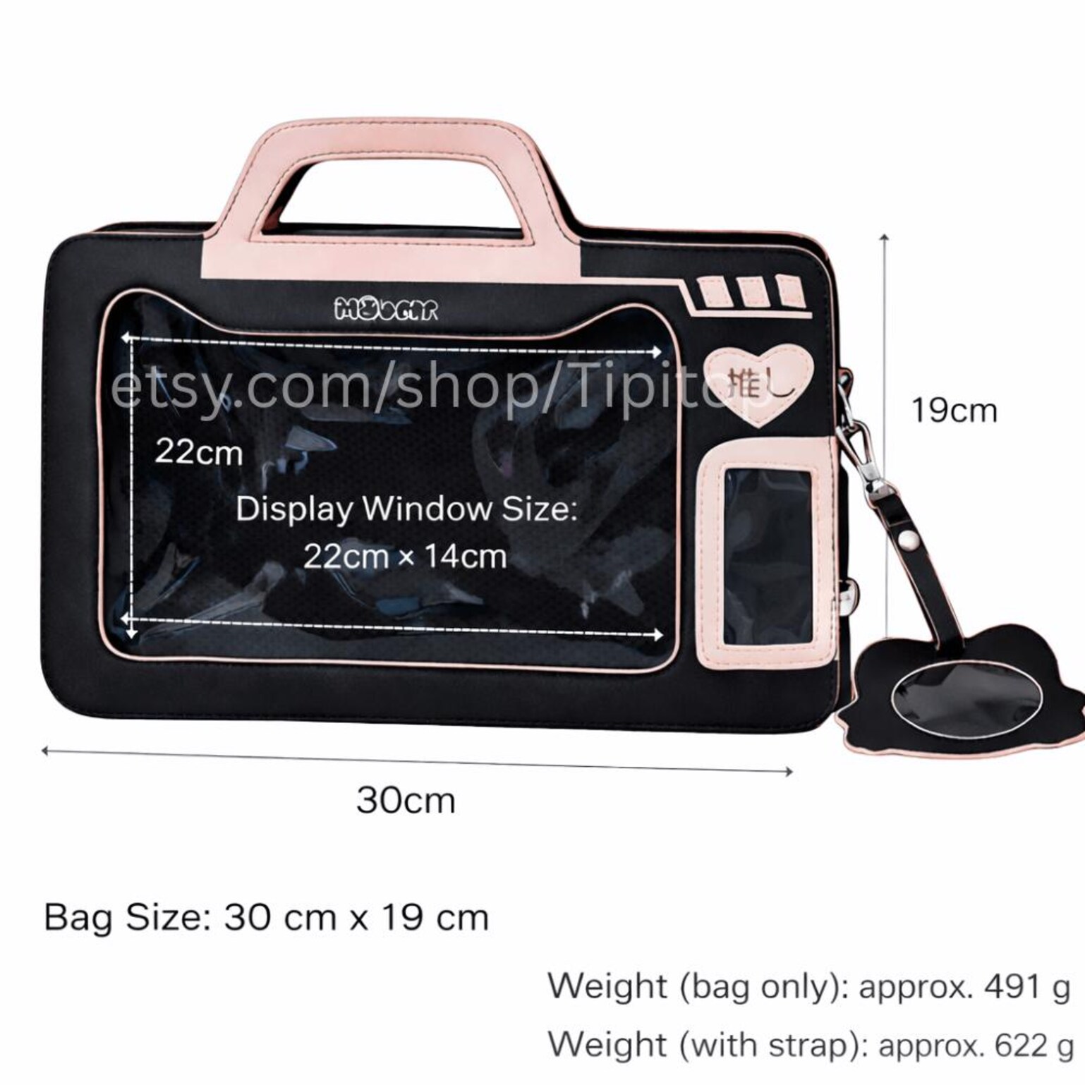 Blue Kawaii Cat Convertible Ita Bag with Clear Window for Pin Display Blue Kawaii Cat Convertible Ita Bag with Clear Window for Pin Display — ita bag detail view