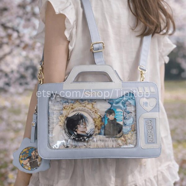 Blue Kawaii Cat Convertible Ita Bag with Clear Window for Pin Display — ita bag detail view
