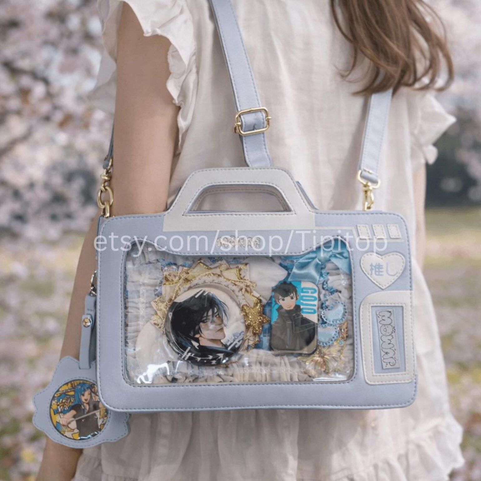 Blue Kawaii Cat Convertible Ita Bag with Clear Window for Pin Display Blue Kawaii Cat Convertible Ita Bag with Clear Window for Pin Display — ita bag detail view