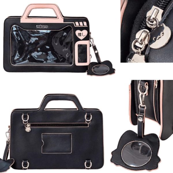 Blue Kawaii Cat Convertible Ita Bag with Clear Window for Pin Display — ita bag detail view