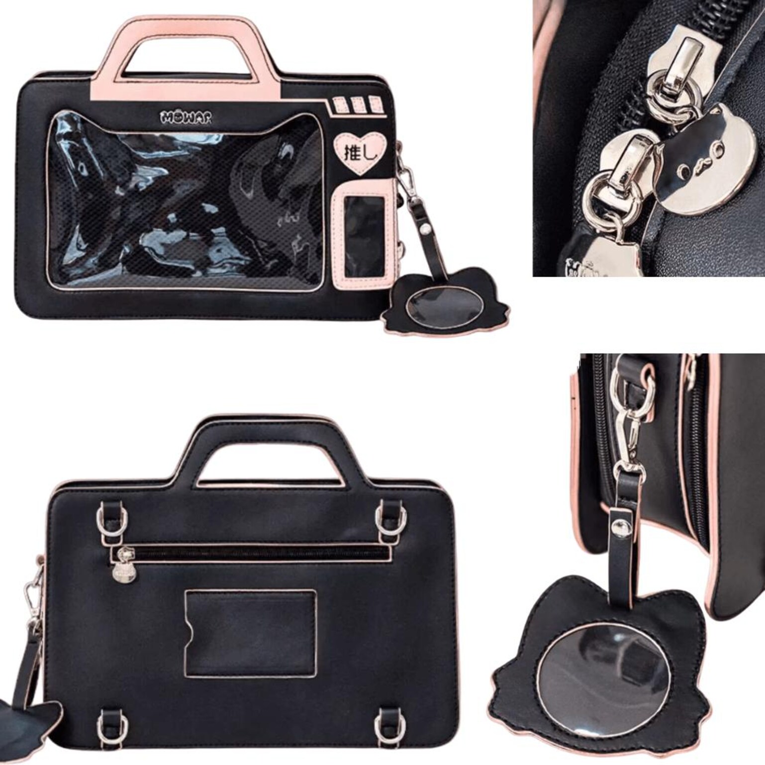 Blue Kawaii Cat Convertible Ita Bag with Clear Window for Pin Display Blue Kawaii Cat Convertible Ita Bag with Clear Window for Pin Display — ita bag detail view
