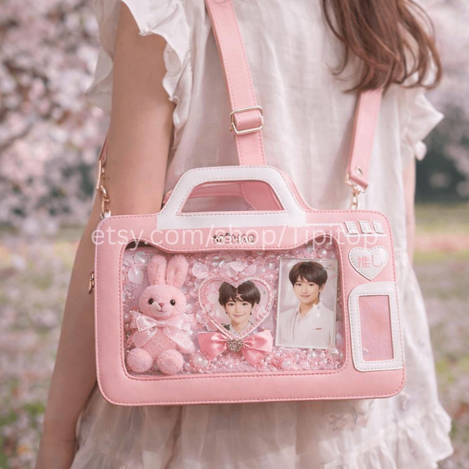 Blue Kawaii Cat Convertible Ita Bag with Clear Window for Pin Display Blue Kawaii Cat Convertible Ita Bag with Clear Window for Pin Display — ita bag detail view