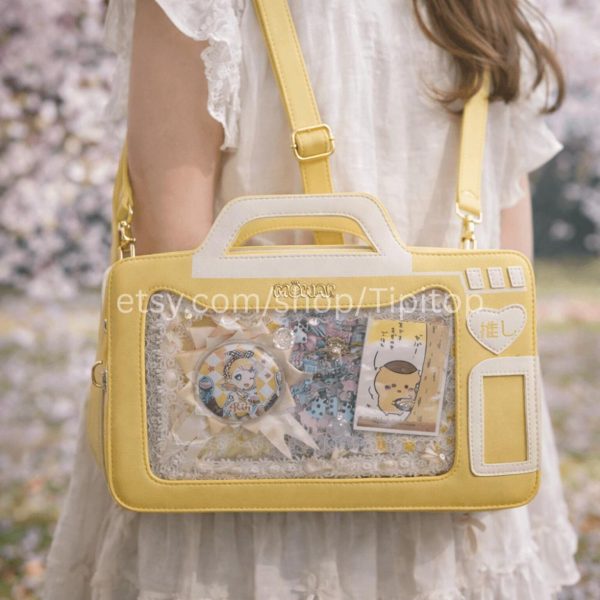 Blue Kawaii Cat Convertible Ita Bag with Clear Window for Pin Display — ita bag detail view