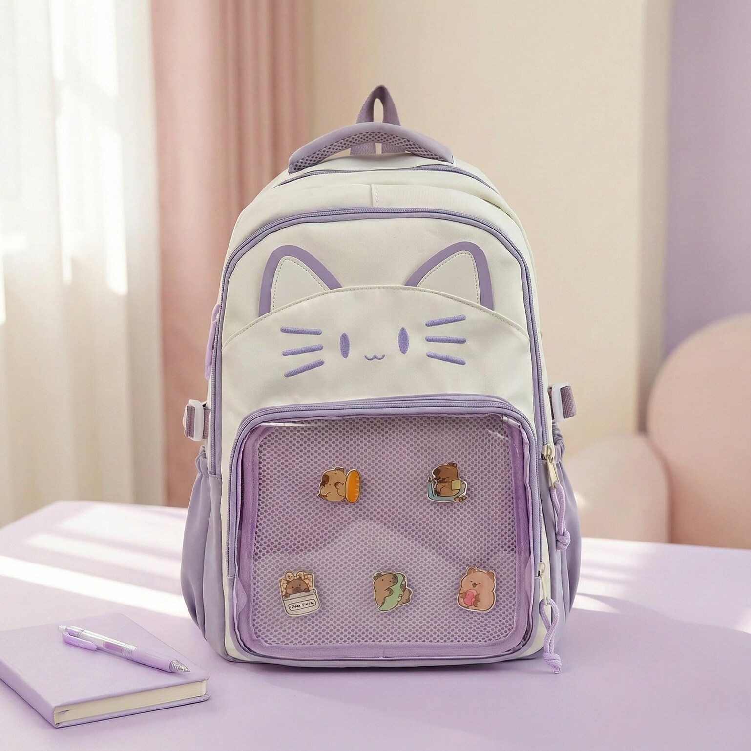 Blue Kawaii Cat Ita Backpack for Pin Display Blue Kawaii Cat Ita Backpack for Pin Display — ita backpack detail view
