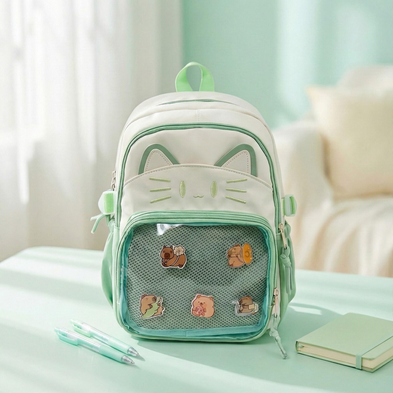 Blue Kawaii Cat Ita Backpack for Pin Display Blue Kawaii Cat Ita Backpack for Pin Display — ita backpack detail view