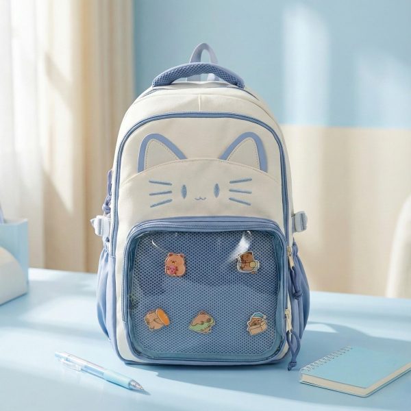 Blue Kawaii Cat Ita Backpack for Pin Display — ita backpack detail view