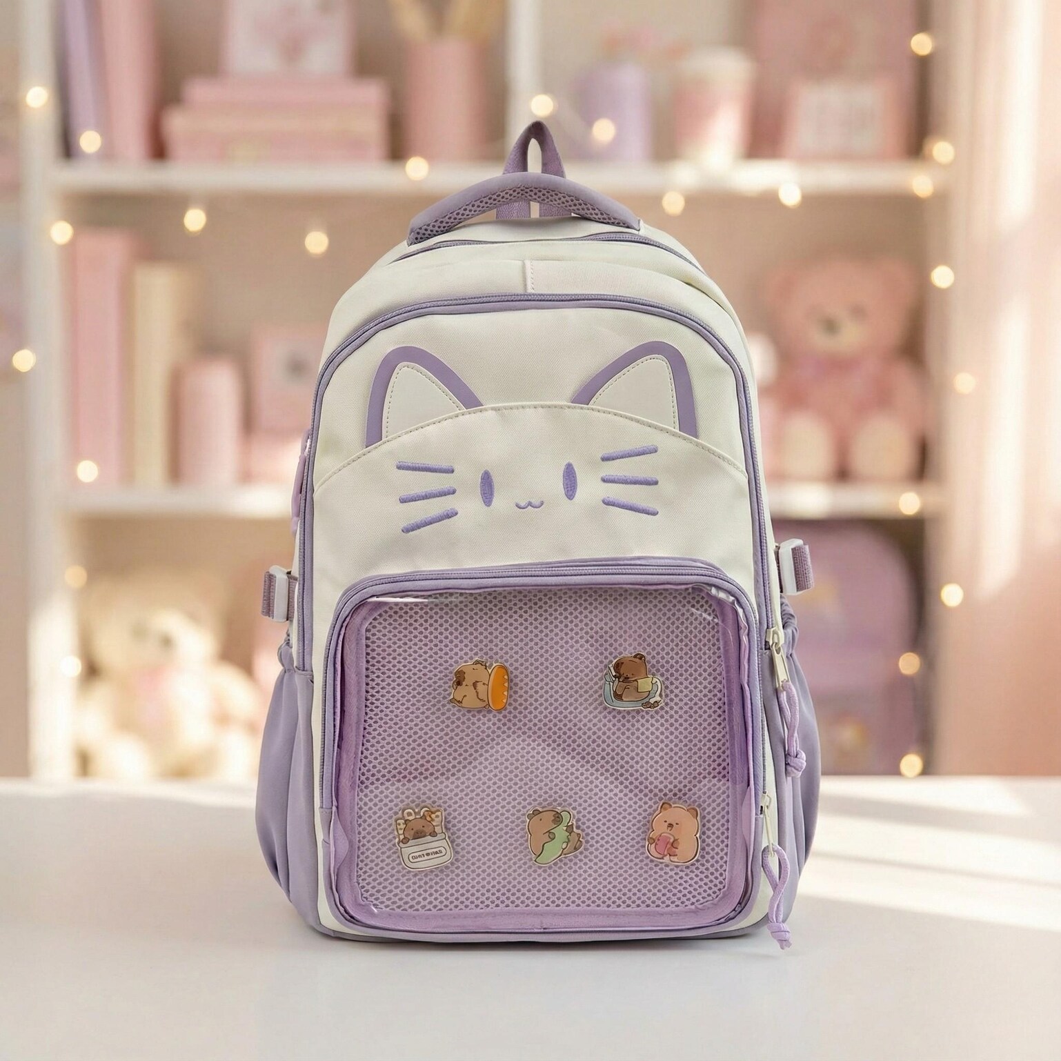 Blue Kawaii Cat Ita Backpack for Pin Display Blue Kawaii Cat Ita Backpack for Pin Display — ita backpack detail view