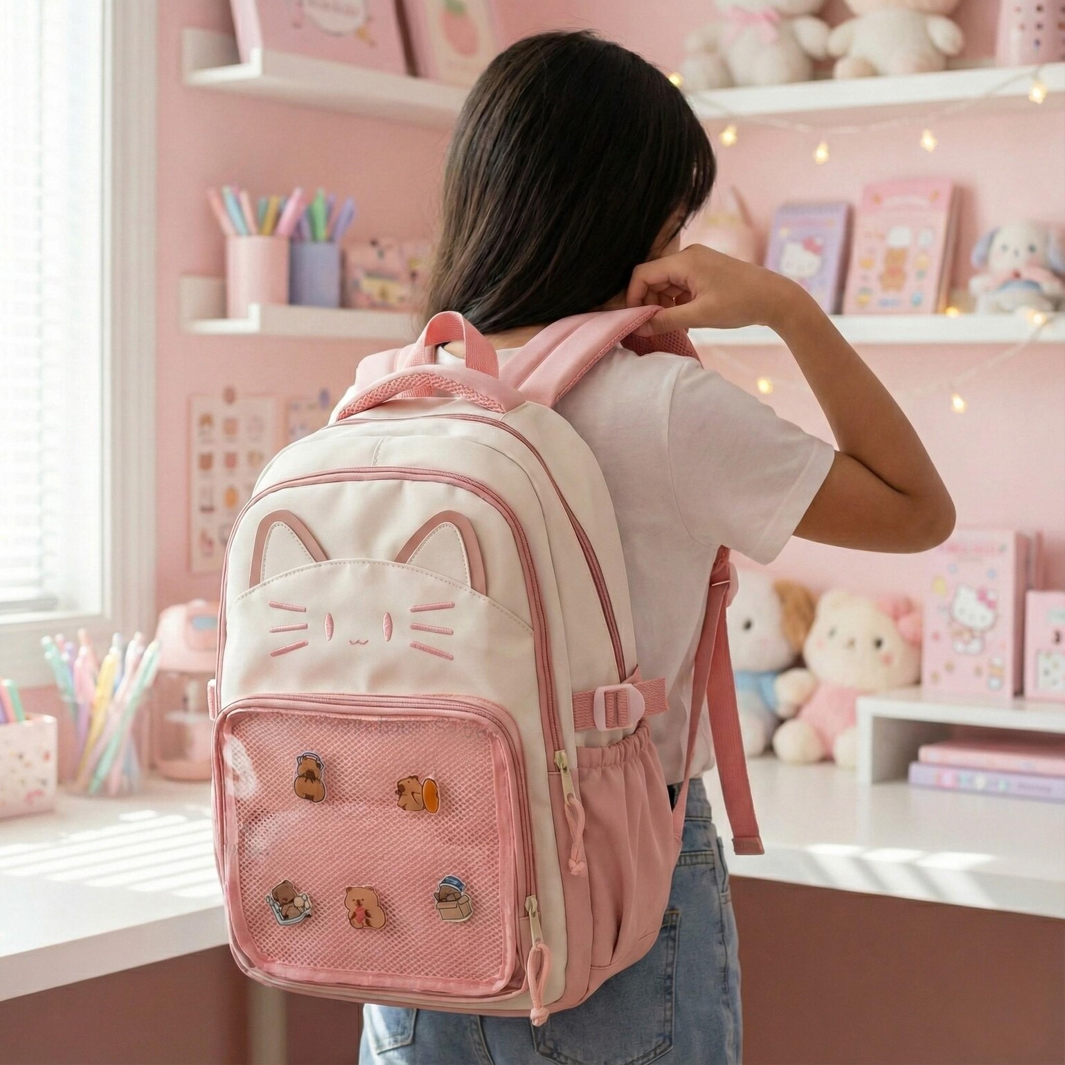 Blue Kawaii Cat Ita Backpack for Pin Display Blue Kawaii Cat Ita Backpack for Pin Display — ita backpack detail view