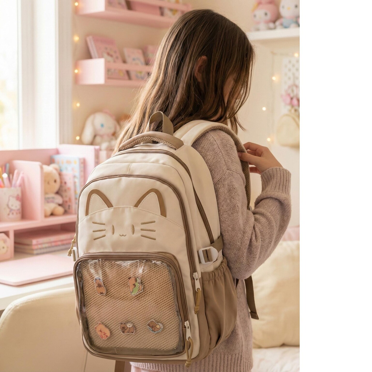 Blue Kawaii Cat Ita Backpack for Pin Display Blue Kawaii Cat Ita Backpack for Pin Display — ita backpack detail view