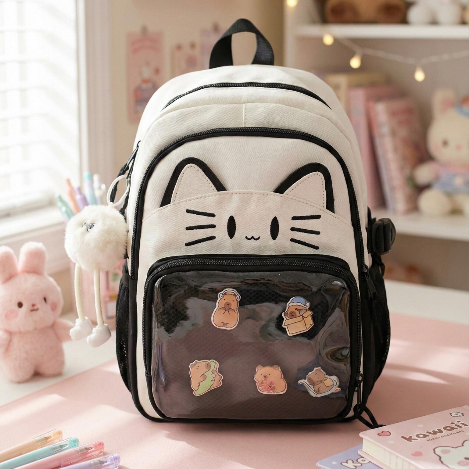 Blue Kawaii Cat Ita Backpack for Pin Display Blue Kawaii Cat Ita Backpack for Pin Display — ita backpack detail view