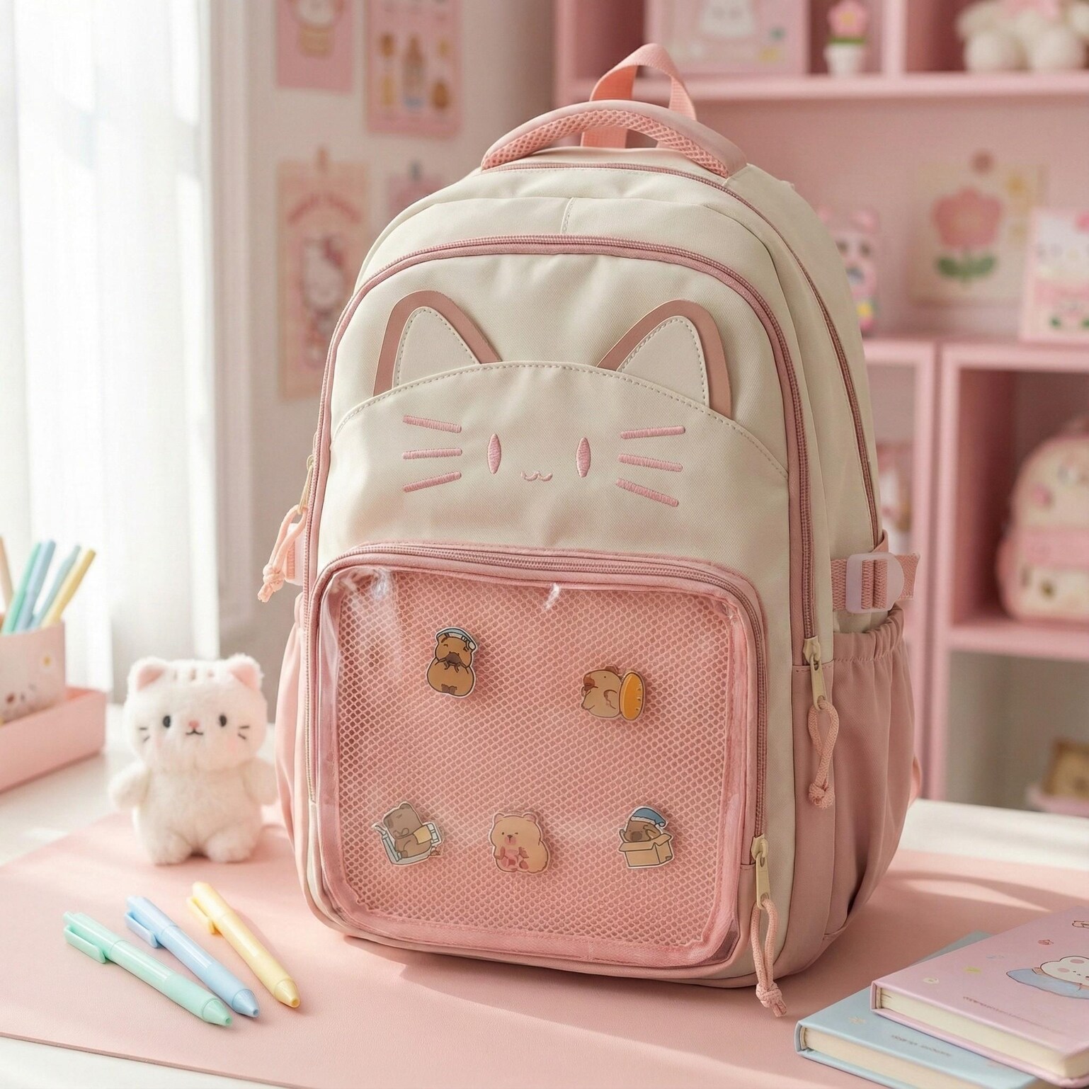 Blue Kawaii Cat Ita Backpack for Pin Display