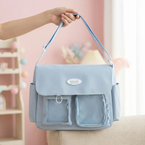 Blue Kawaii Convertible Ita Bag for Pin Display — ita bag detail view