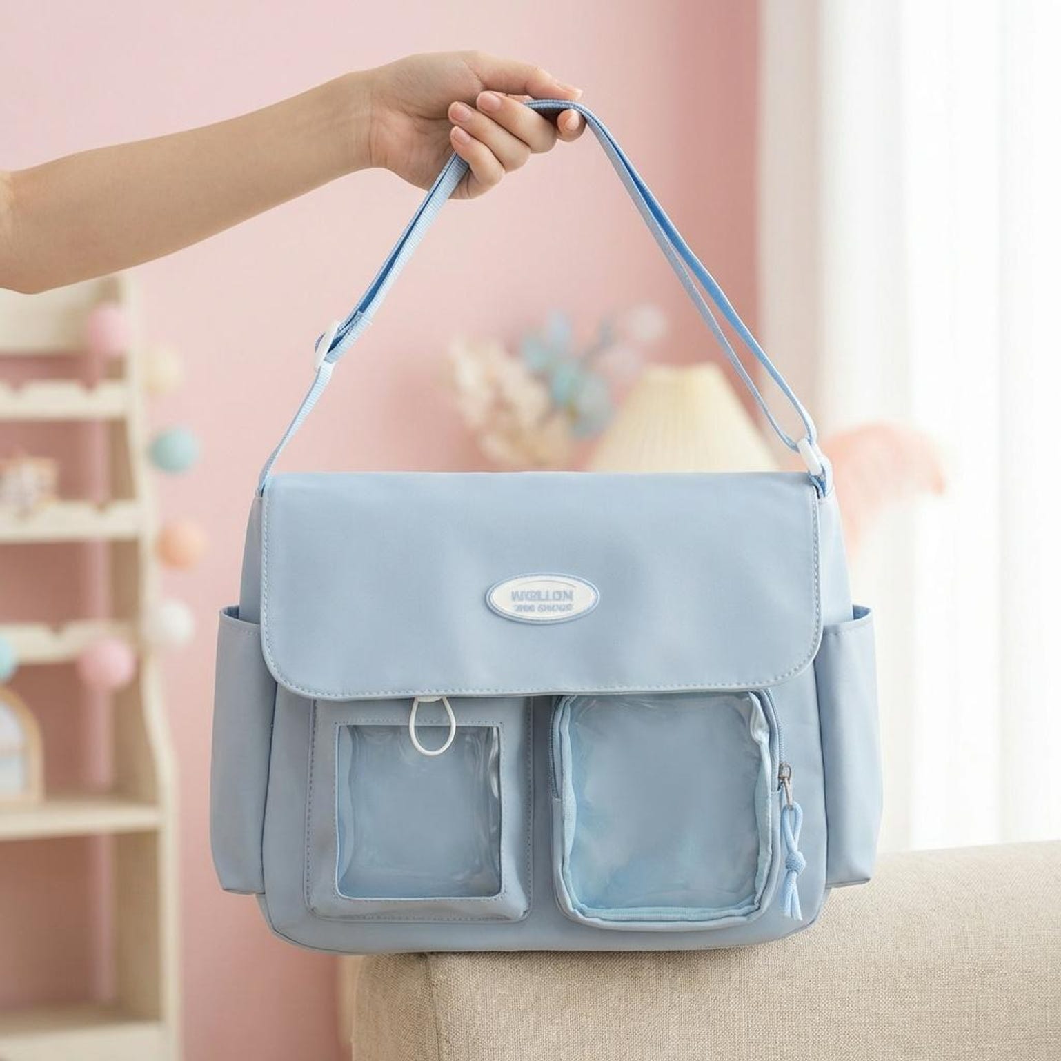 Blue Kawaii Convertible Ita Bag for Pin Display Blue Kawaii Convertible Ita Bag for Pin Display — ita bag detail view