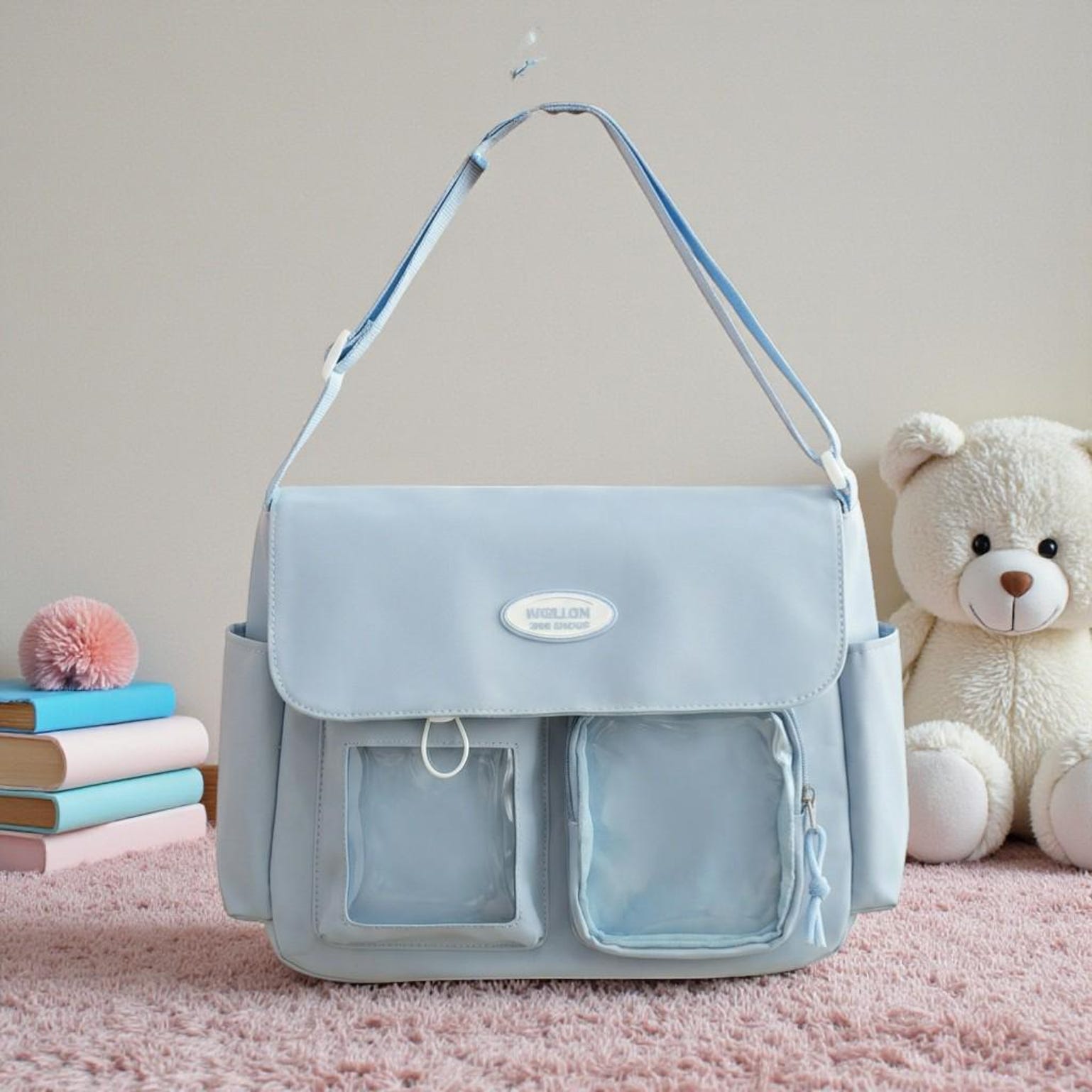 Blue Kawaii Convertible Ita Bag for Pin Display Blue Kawaii Convertible Ita Bag for Pin Display — ita bag detail view