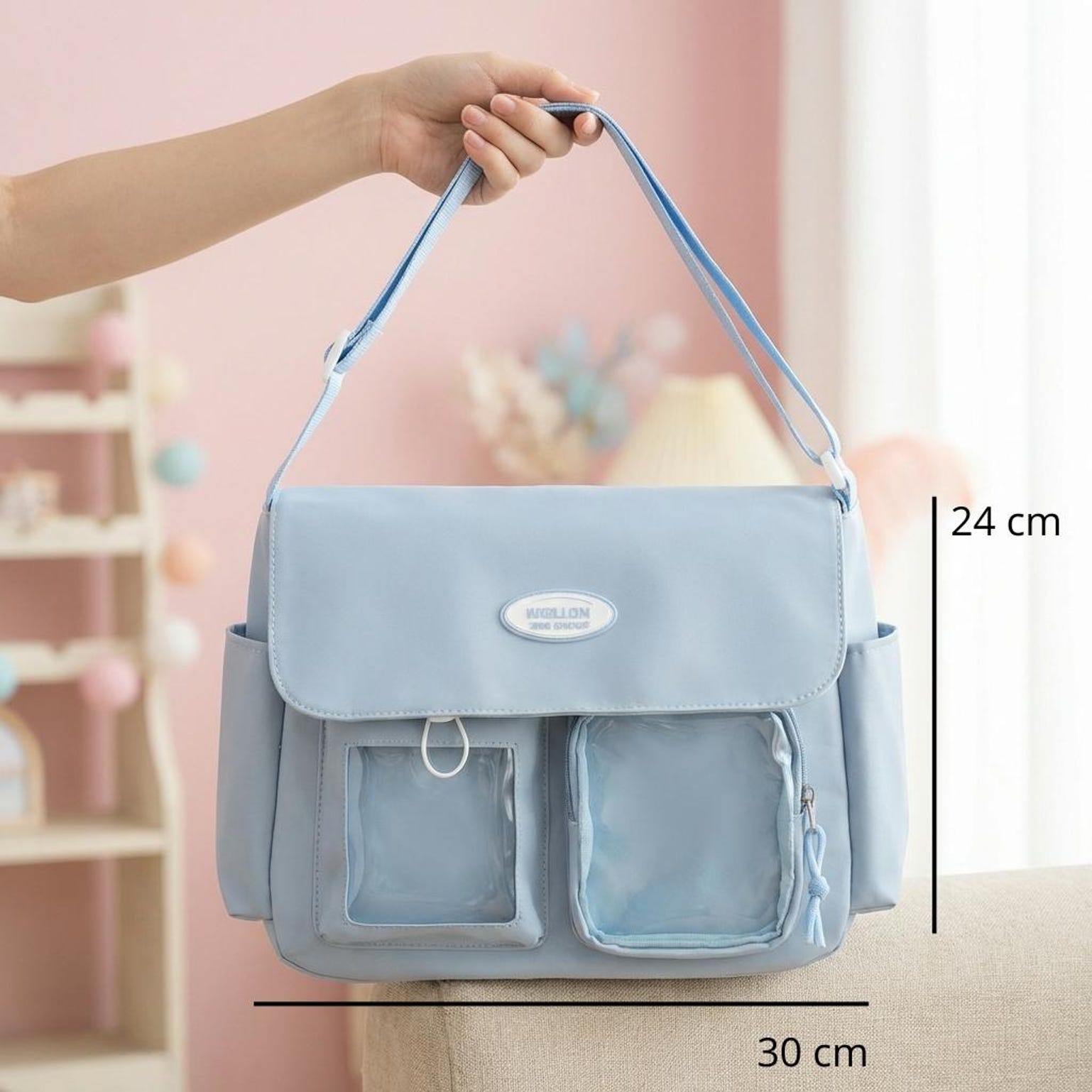 Blue Kawaii Convertible Ita Bag for Pin Display Blue Kawaii Convertible Ita Bag for Pin Display — ita bag detail view