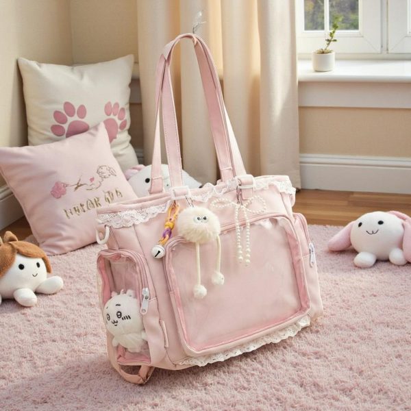 Blue Kawaii Convertible Ita Bag with Clear Window for Pin Display — ita bag detail view