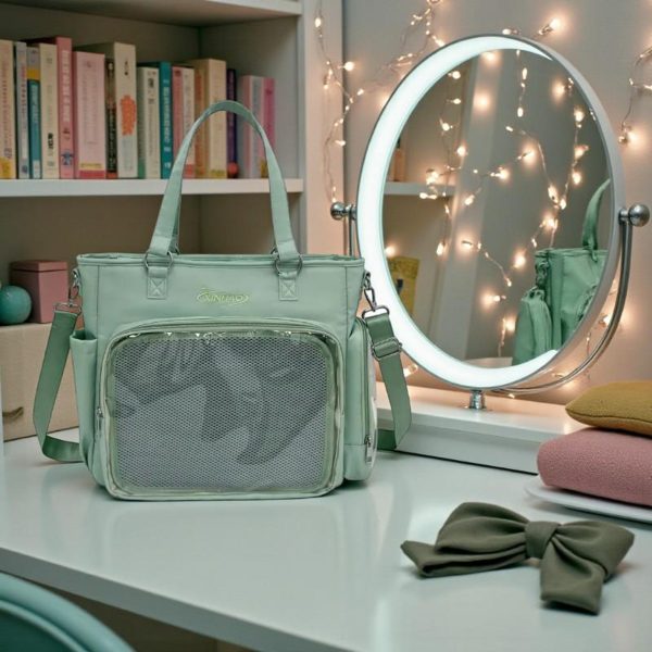 Blue Kawaii Convertible Ita Bag with Clear Window for Pin Display — ita bag detail view