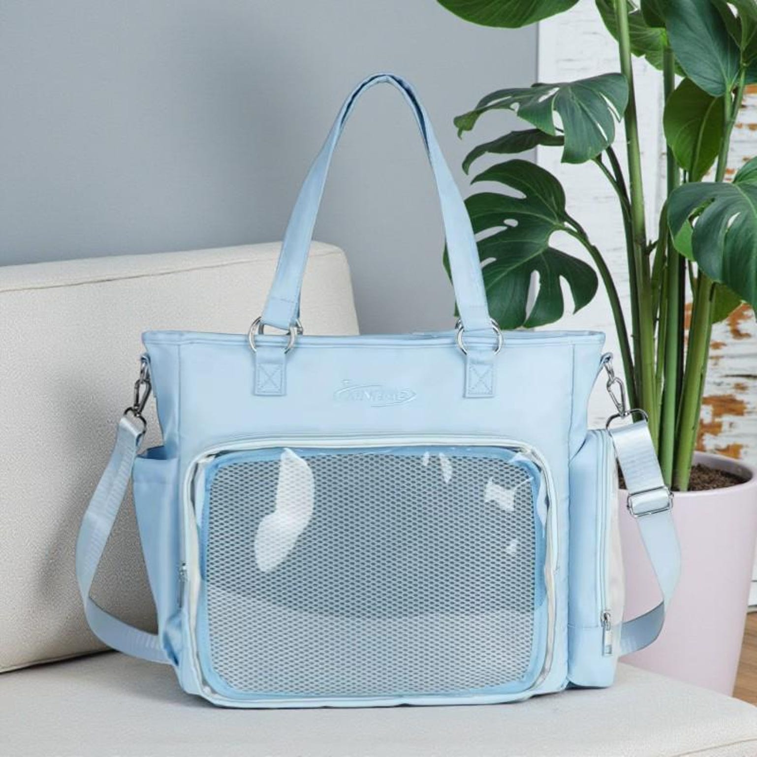 Blue Kawaii Convertible Ita Bag with Clear Window for Pin Display Blue Kawaii Convertible Ita Bag with Clear Window for Pin Display — ita bag detail view
