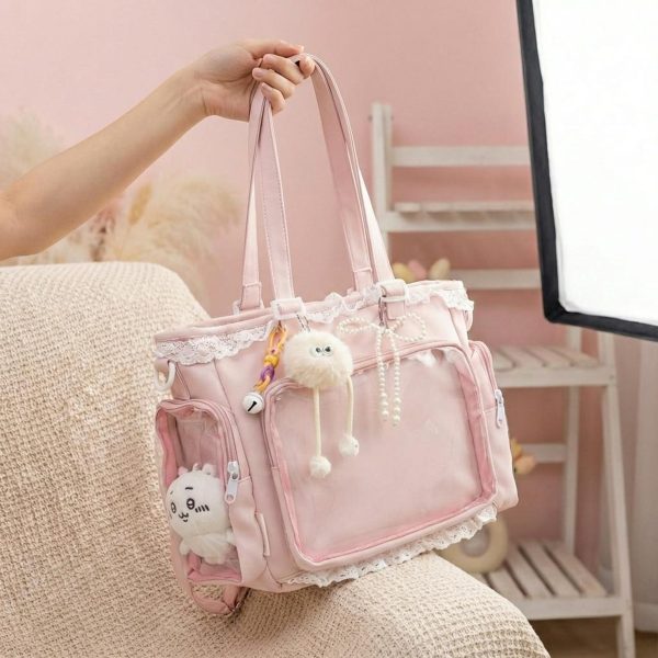 Blue Kawaii Convertible Ita Bag with Clear Window for Pin Display — ita bag detail view