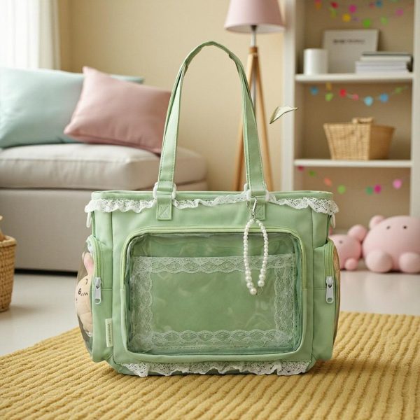 Blue Kawaii Convertible Ita Bag with Clear Window for Pin Display — ita bag detail view