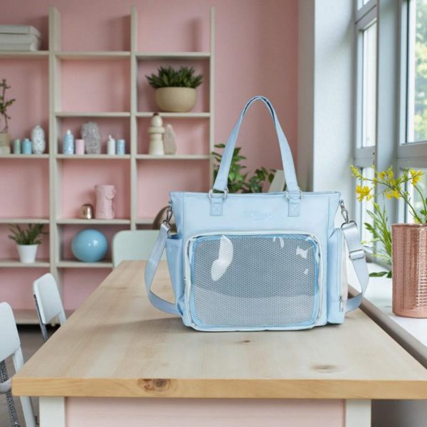 Blue Kawaii Convertible Ita Bag with Clear Window for Pin Display — ita bag detail view