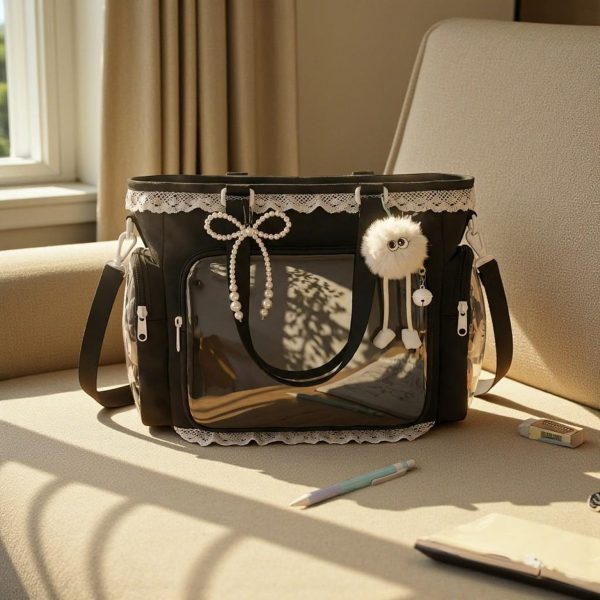 Blue Kawaii Convertible Ita Bag with Clear Window for Pin Display — ita bag detail view