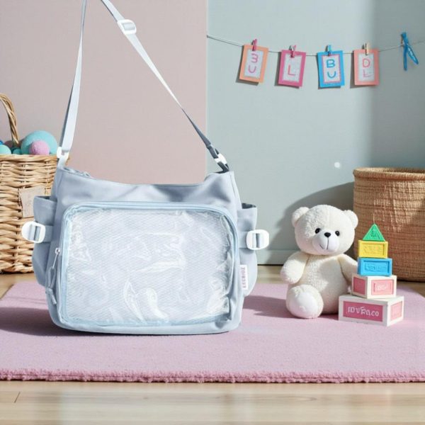 Blue Kawaii Convertible Ita Bag with Clear Window for Pin Display — ita bag detail view
