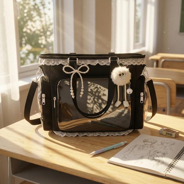 Blue Kawaii Convertible Ita Bag with Clear Window for Pin Display — ita bag detail view