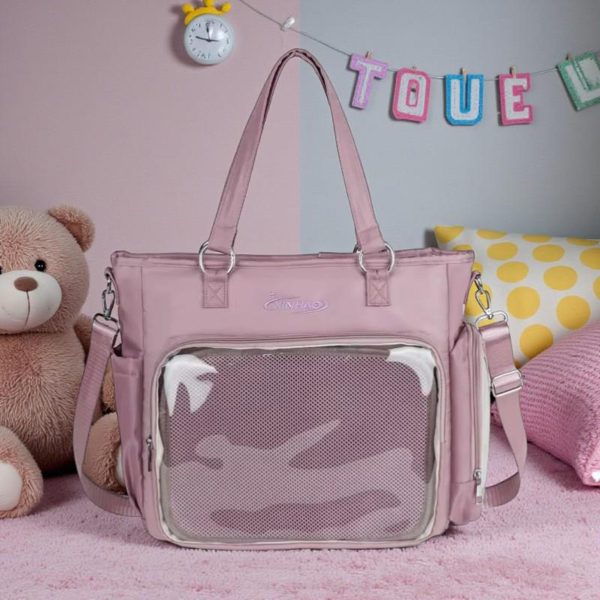 Blue Kawaii Convertible Ita Bag with Clear Window for Pin Display — ita bag detail view