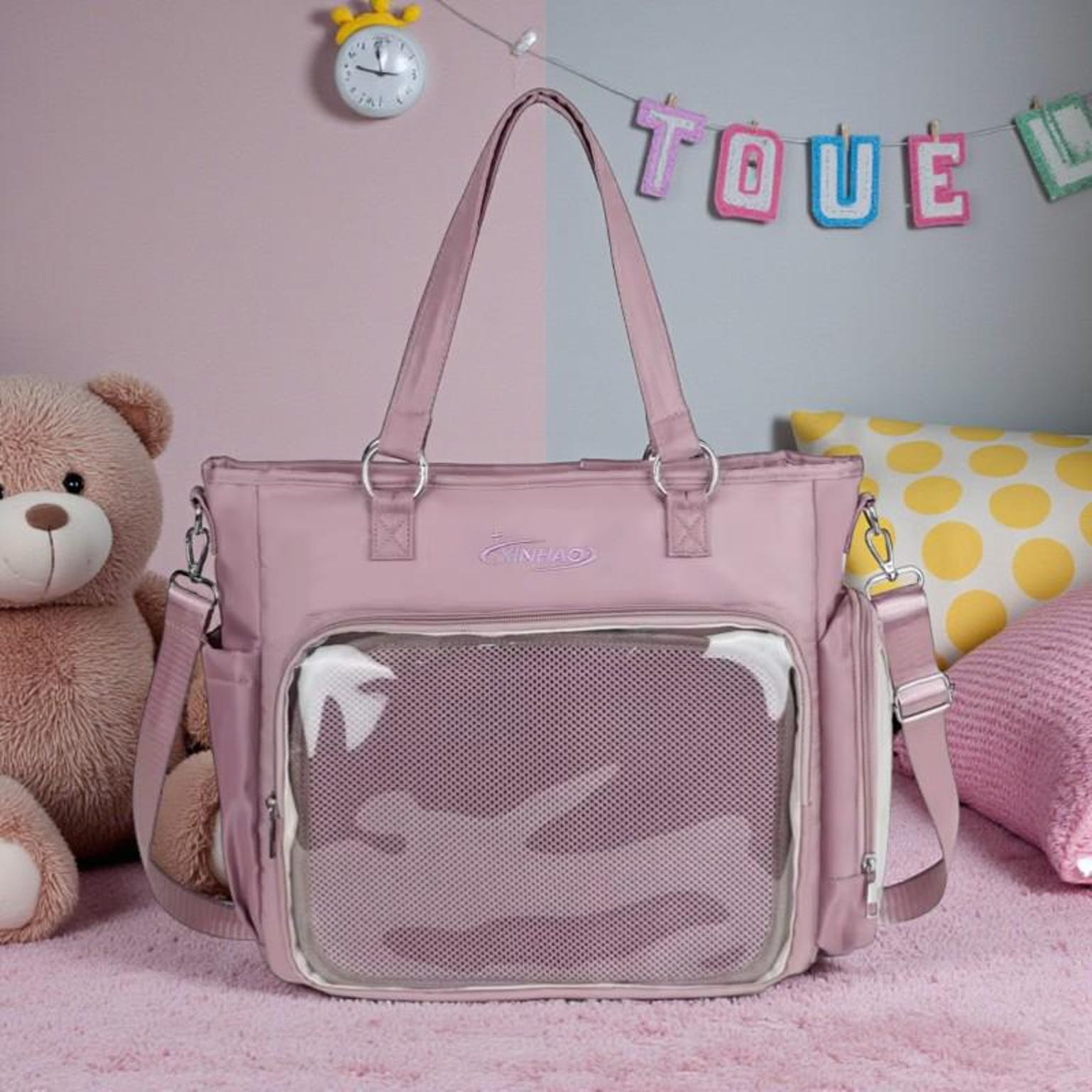 Blue Kawaii Convertible Ita Bag with Clear Window for Pin Display Blue Kawaii Convertible Ita Bag with Clear Window for Pin Display — ita bag detail view