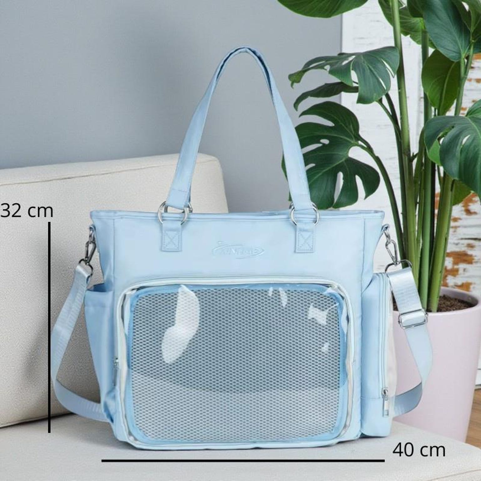 Blue Kawaii Convertible Ita Bag with Clear Window for Pin Display Blue Kawaii Convertible Ita Bag with Clear Window for Pin Display — ita bag detail view