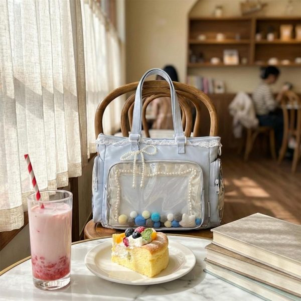 Blue Kawaii Convertible Ita Bag with Clear Window for Pin Display — ita bag detail view