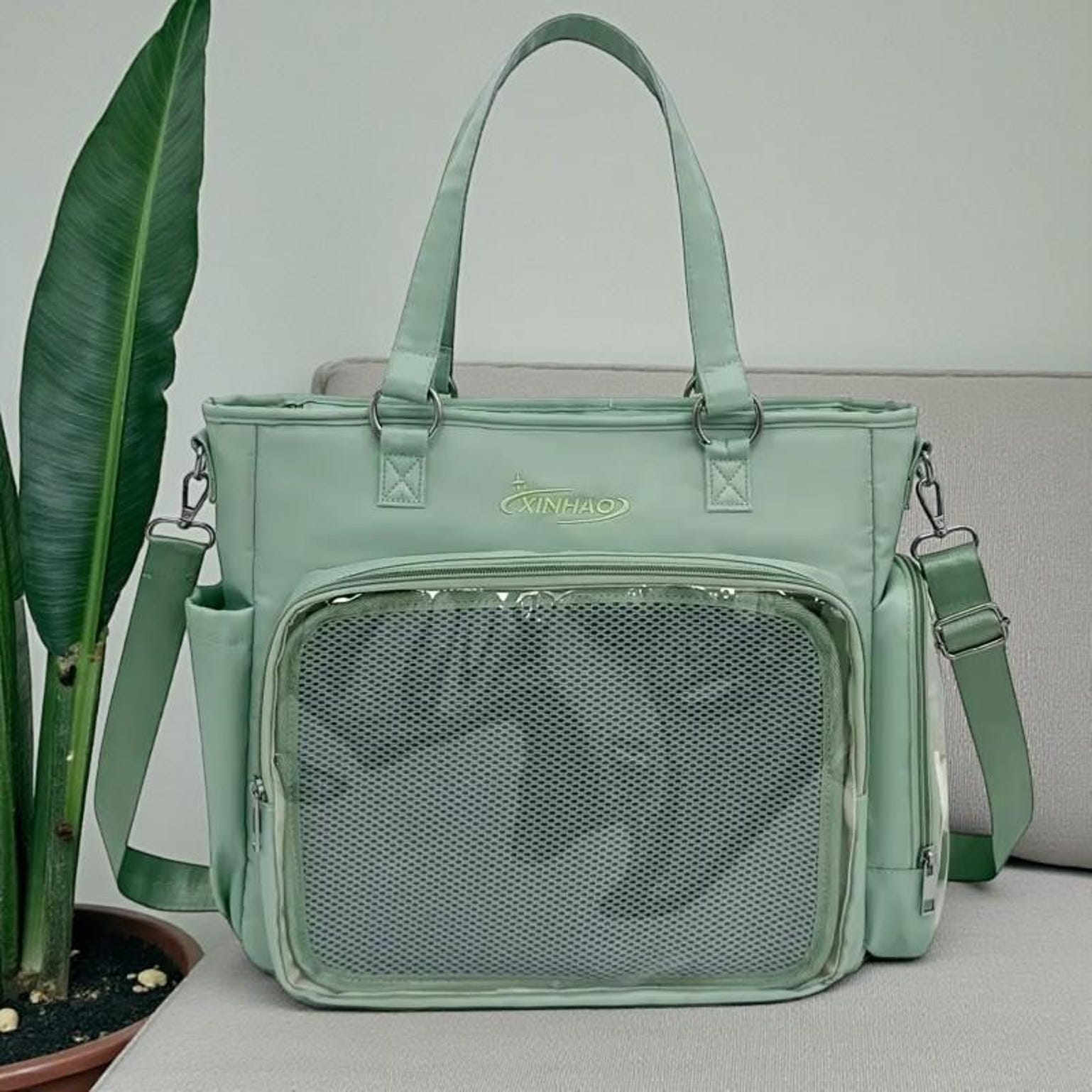 Blue Kawaii Convertible Ita Bag with Clear Window for Pin Display Blue Kawaii Convertible Ita Bag with Clear Window for Pin Display — ita bag detail view