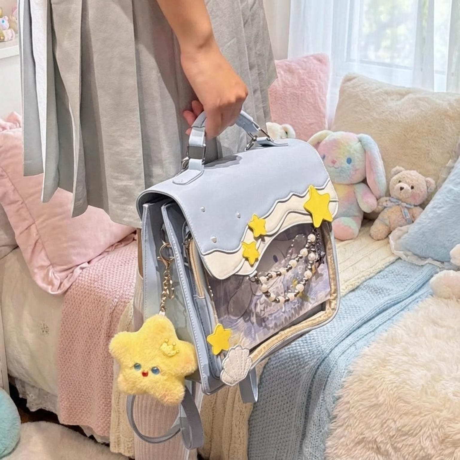 Blue Kawaii Ita Backpack with Clear Window for Photocards and Pins Blue Kawaii Ita Backpack with Clear Window for Photocards and Pins — ita backpack detail view