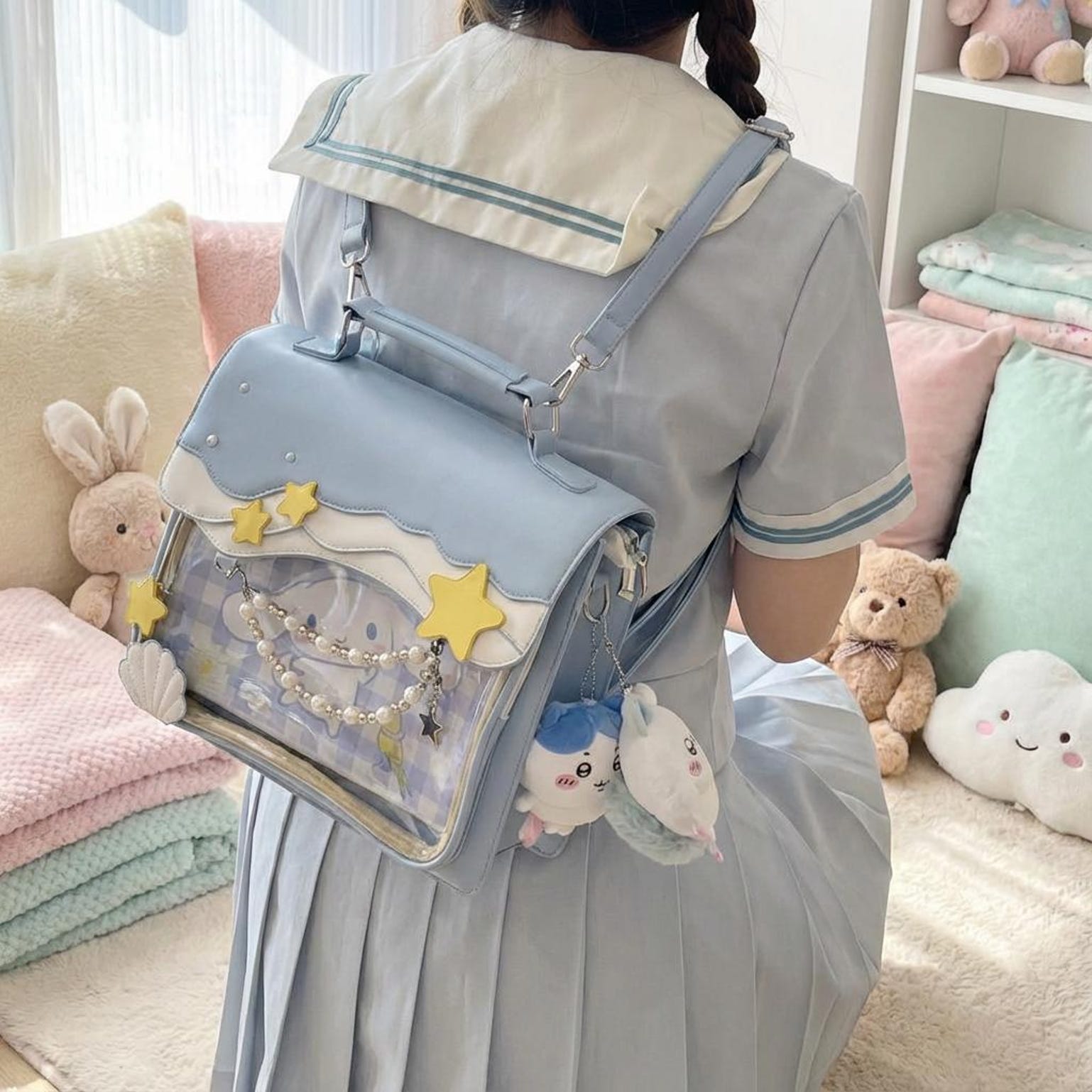 Blue Kawaii Ita Backpack with Clear Window for Photocards and Pins Blue Kawaii Ita Backpack with Clear Window for Photocards and Pins — ita backpack detail view
