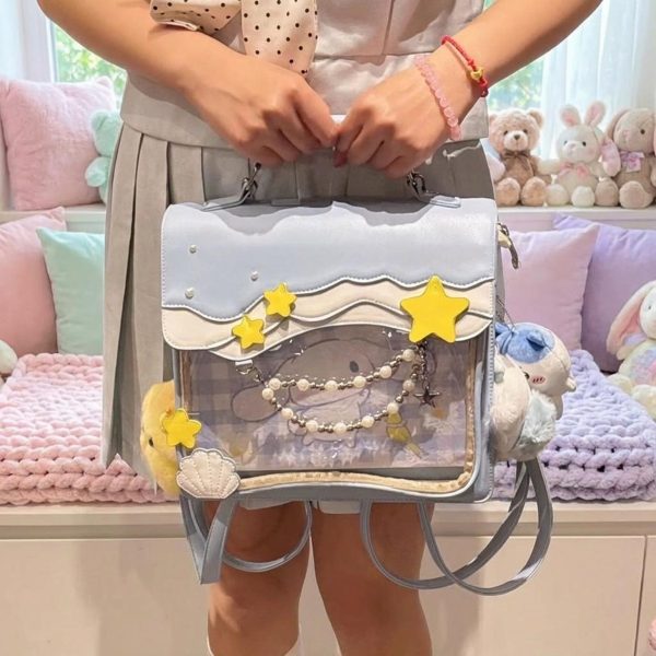 Blue Kawaii Ita Backpack with Clear Window for Photocards and Pins — ita backpack detail view