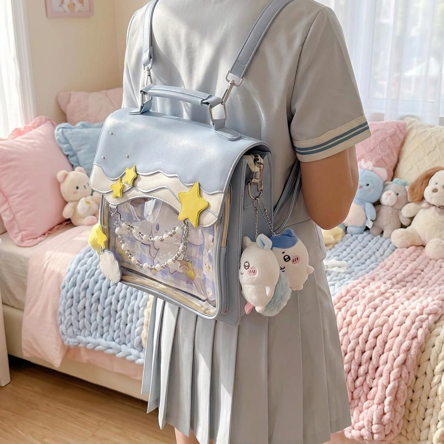 Blue Kawaii Ita Backpack with Clear Window for Photocards and Pins Blue Kawaii Ita Backpack with Clear Window for Photocards and Pins — ita backpack detail view