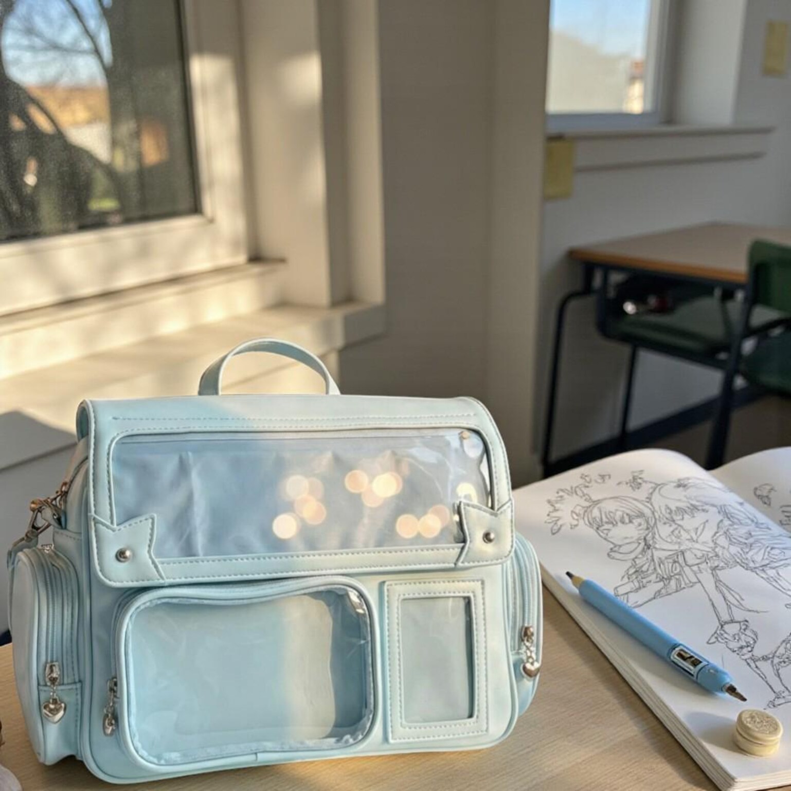 Blue Kawaii Pastel Convertible Ita Bag for Pin Display Blue Kawaii Pastel Convertible Ita Bag for Pin Display — ita bag detail view